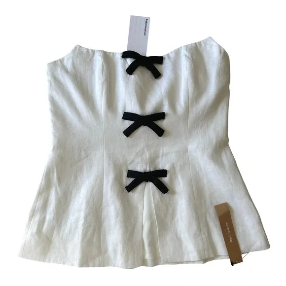 NWT Reformation Essie Linen Top White w Black Bows 4 - Picture 5 of 13